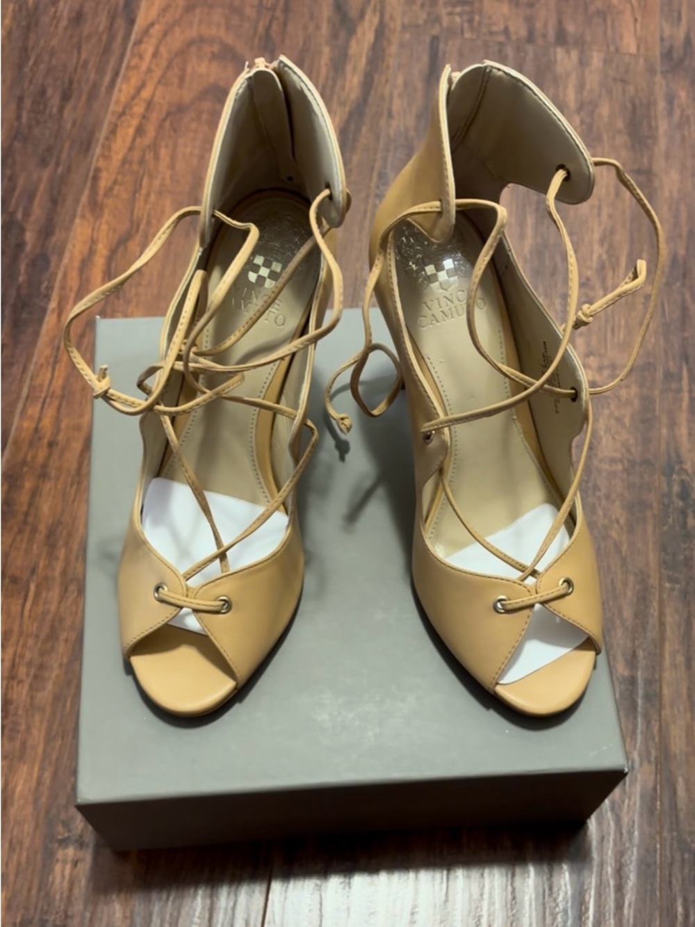 Vince Camuto Tan Lace-Up Peep Toe Heels with Ankle Tie